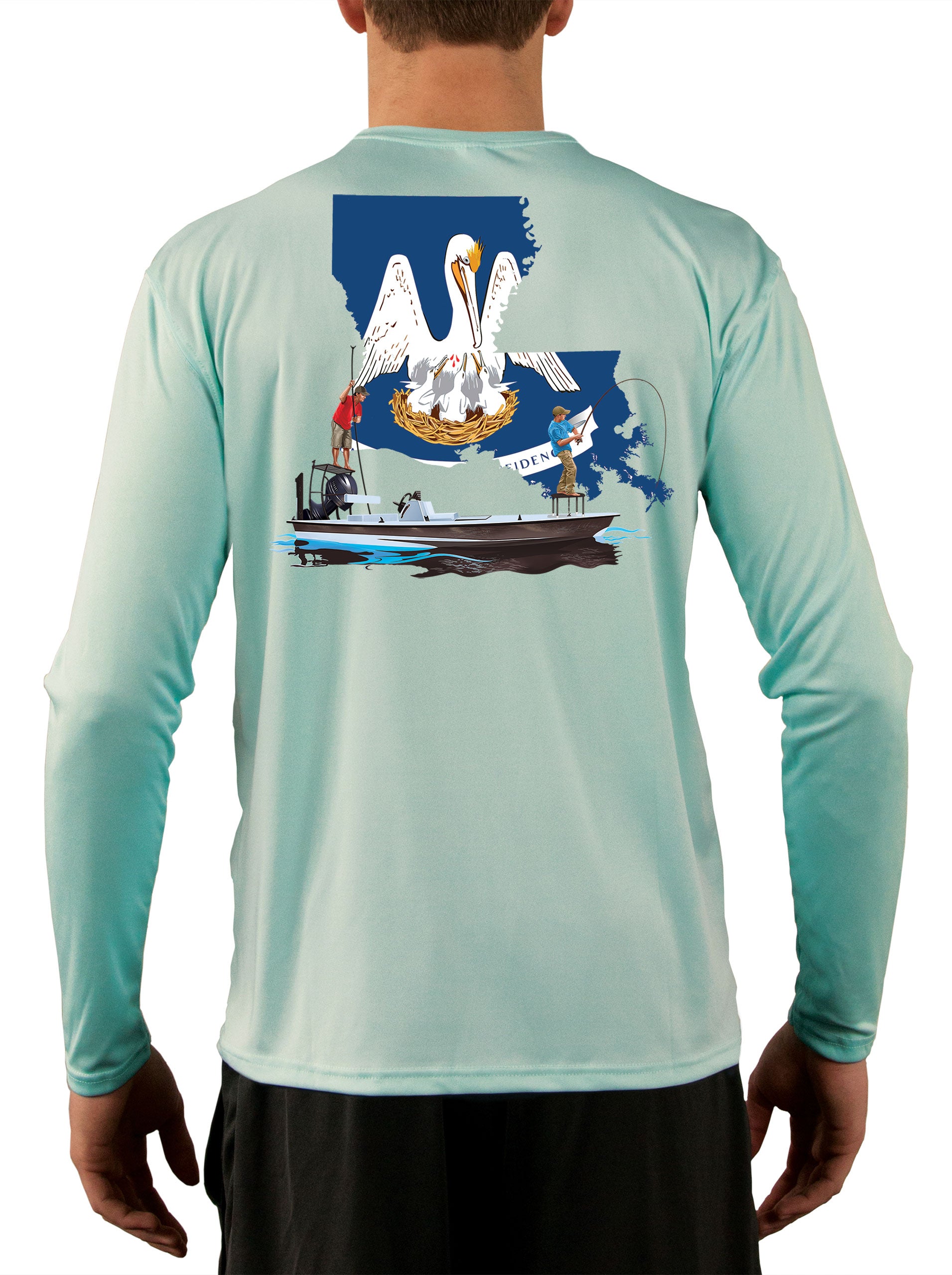 Poling Skiff with Louisiana State Flag Fishing Shirts For Men