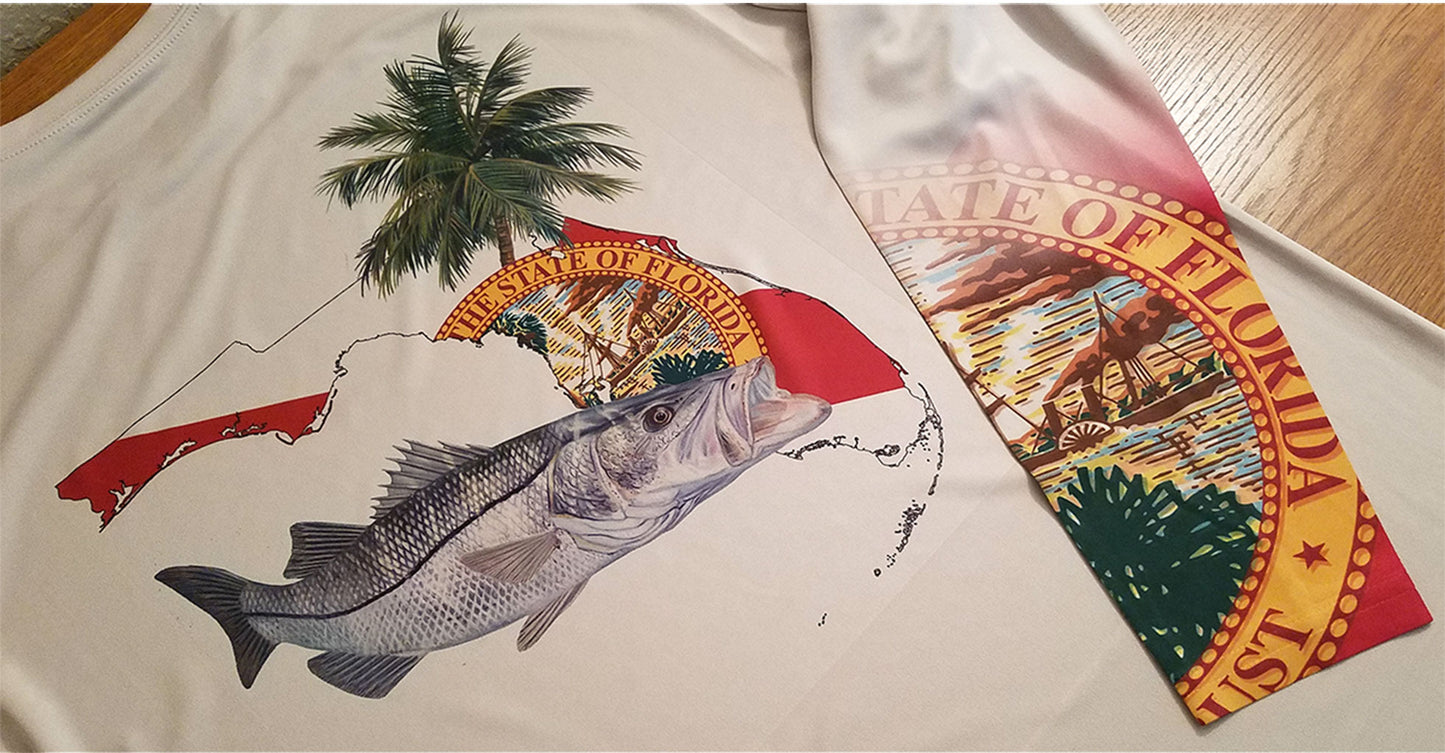 [NEW ARTWORK] Snook Florida Long Sleeve Mens Fishing Shirt with Florida State Flag Sleeve - Skiff Life
