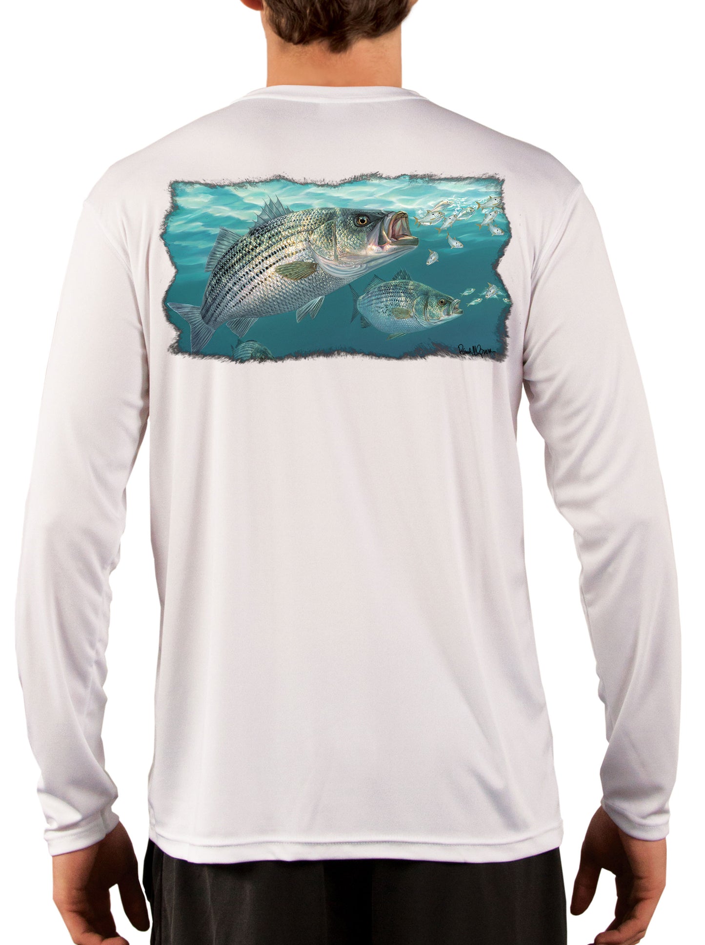 Striped Bass Fishing Shirts with Baitfish by Artist Randy McGovern - Skiff Life