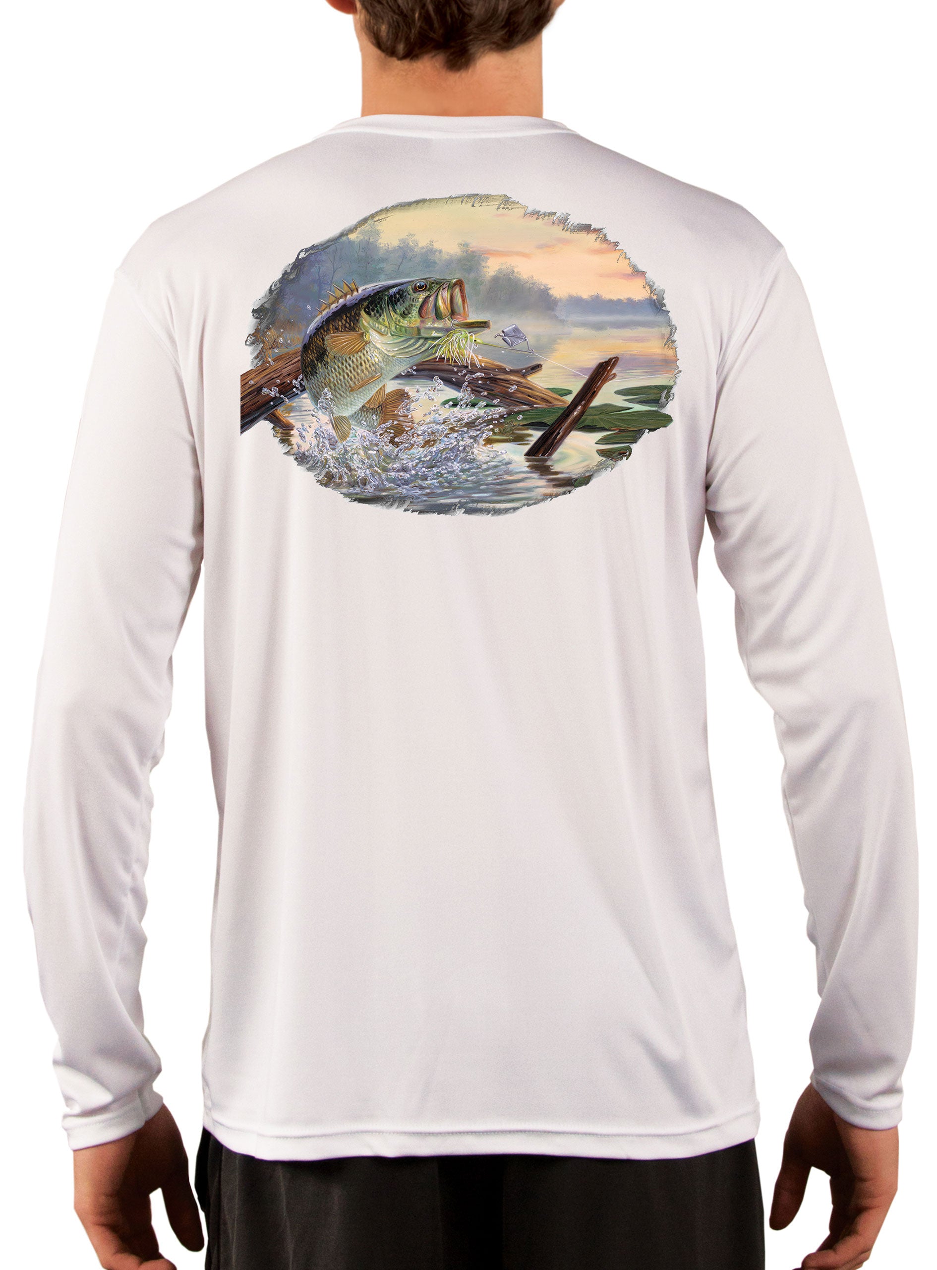 Large Mouth Bass Men's Fishing Shirts - Long Sleeve, Moisture Wicking, Non-fade Print, 50+ UPF Fabric UV Protection White / Large