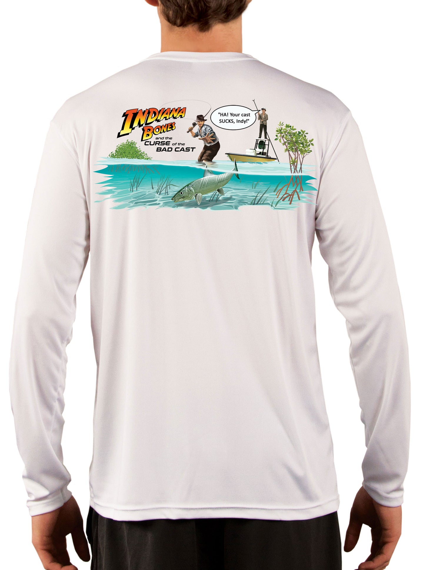 Indiana Jones Indiana Bones and The Curse of the Bad Cast Men's Fishing Shirt Long Sleeve, Moisture Wicking Fabric, Non-Fading Print, 50+ UPF Fabric for UV Protection - Skiff Life