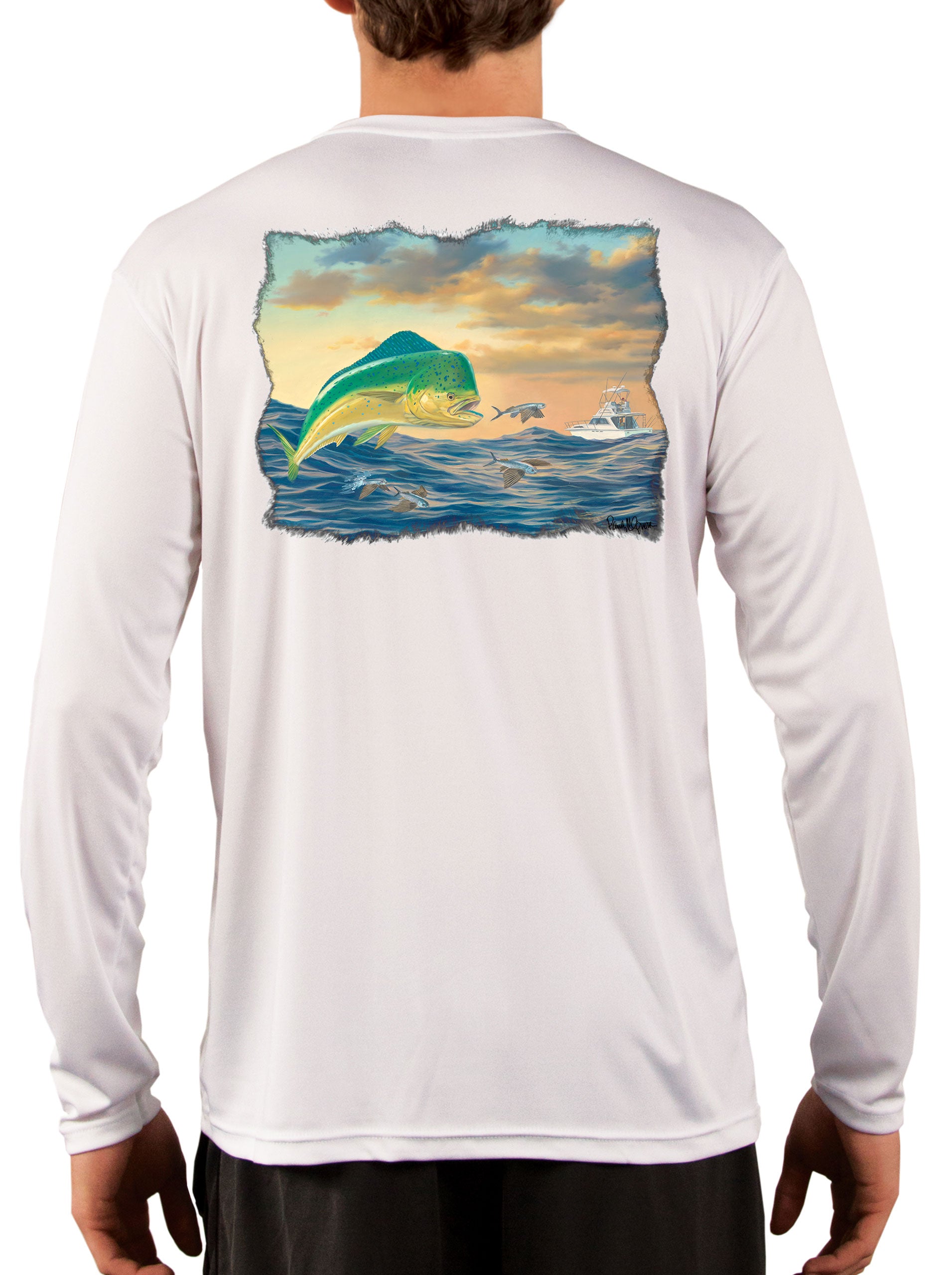 Mahi-mahi with Flying Fish Fishing Shirts for Men Featuring Dorado / Dolphinfish Art by Randy McGovern Small / White