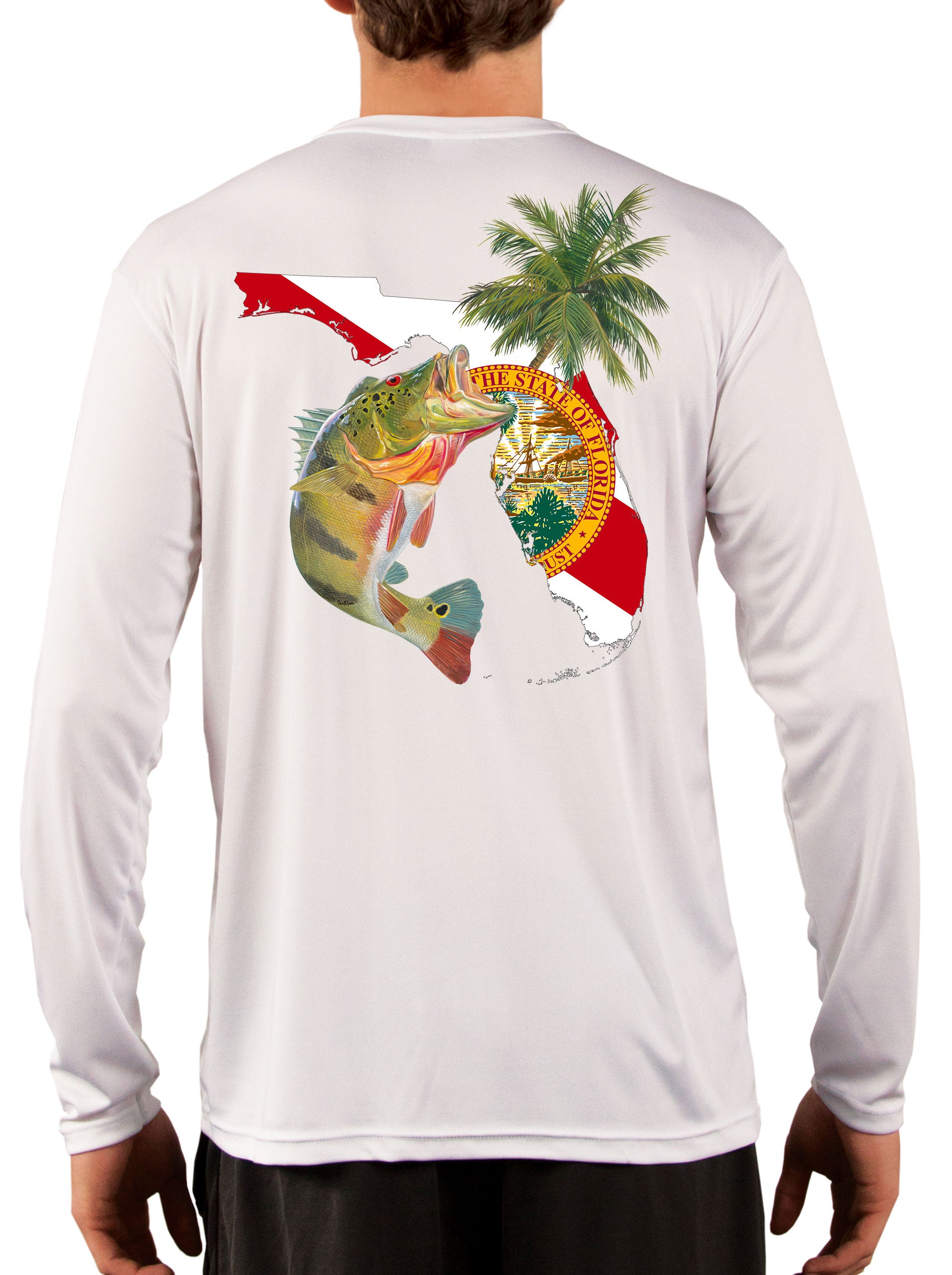 [New Artwork] Peacock Bass Florida Map Fishing Shirts for Men with Florida State Flag Sleeve Small / Yellow