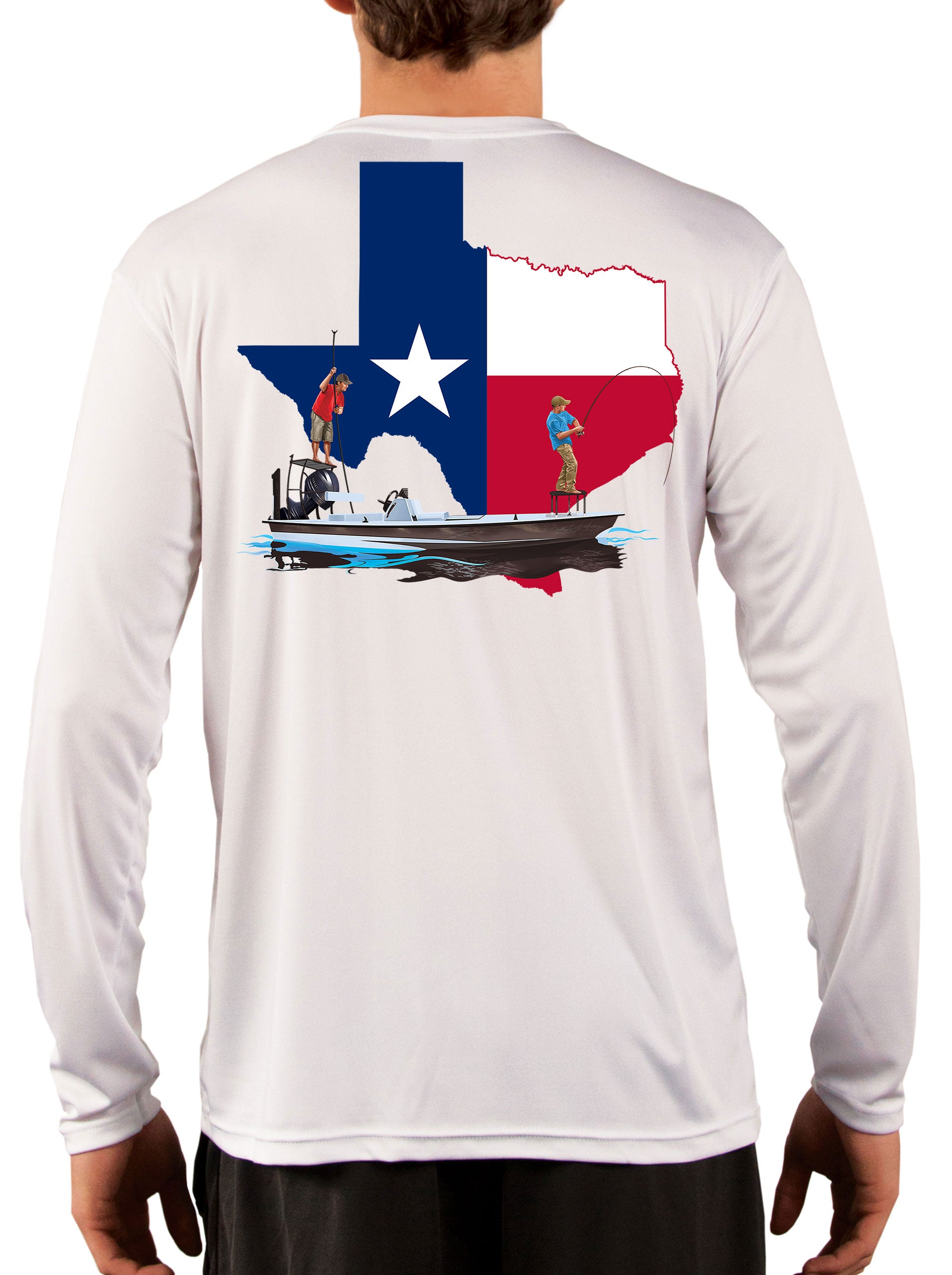 [New Artwork] Fishing Shirt Texas Poling Skiff State Flag with Texas Flag Sleeve Small / White
