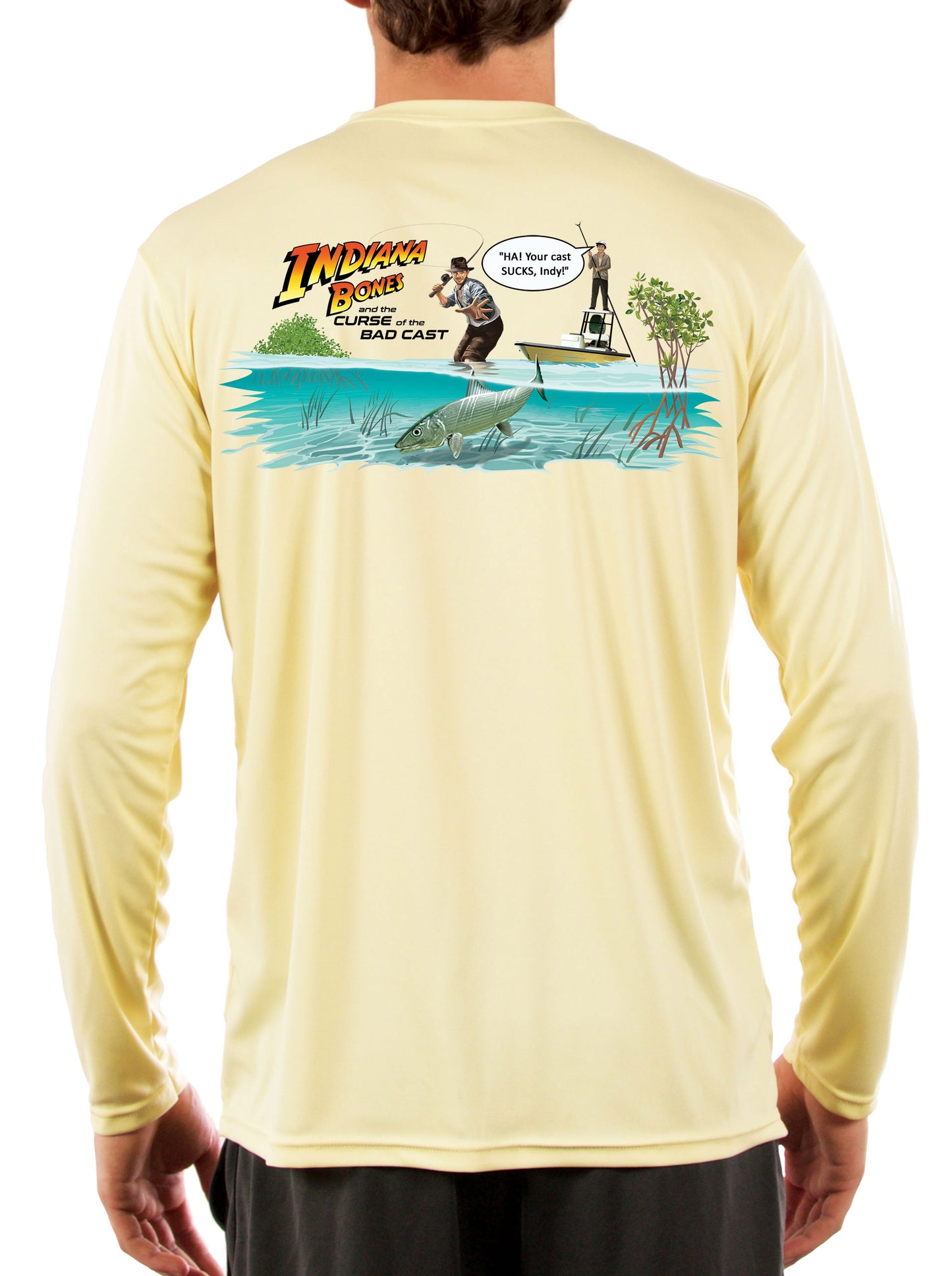 Indiana Jones Indiana Bones and The Curse of the Bad Cast Men's Fishing Shirt Long Sleeve, Moisture Wicking Fabric, Non-Fading Print, 50+ UPF Fabric for UV Protection - Skiff Life