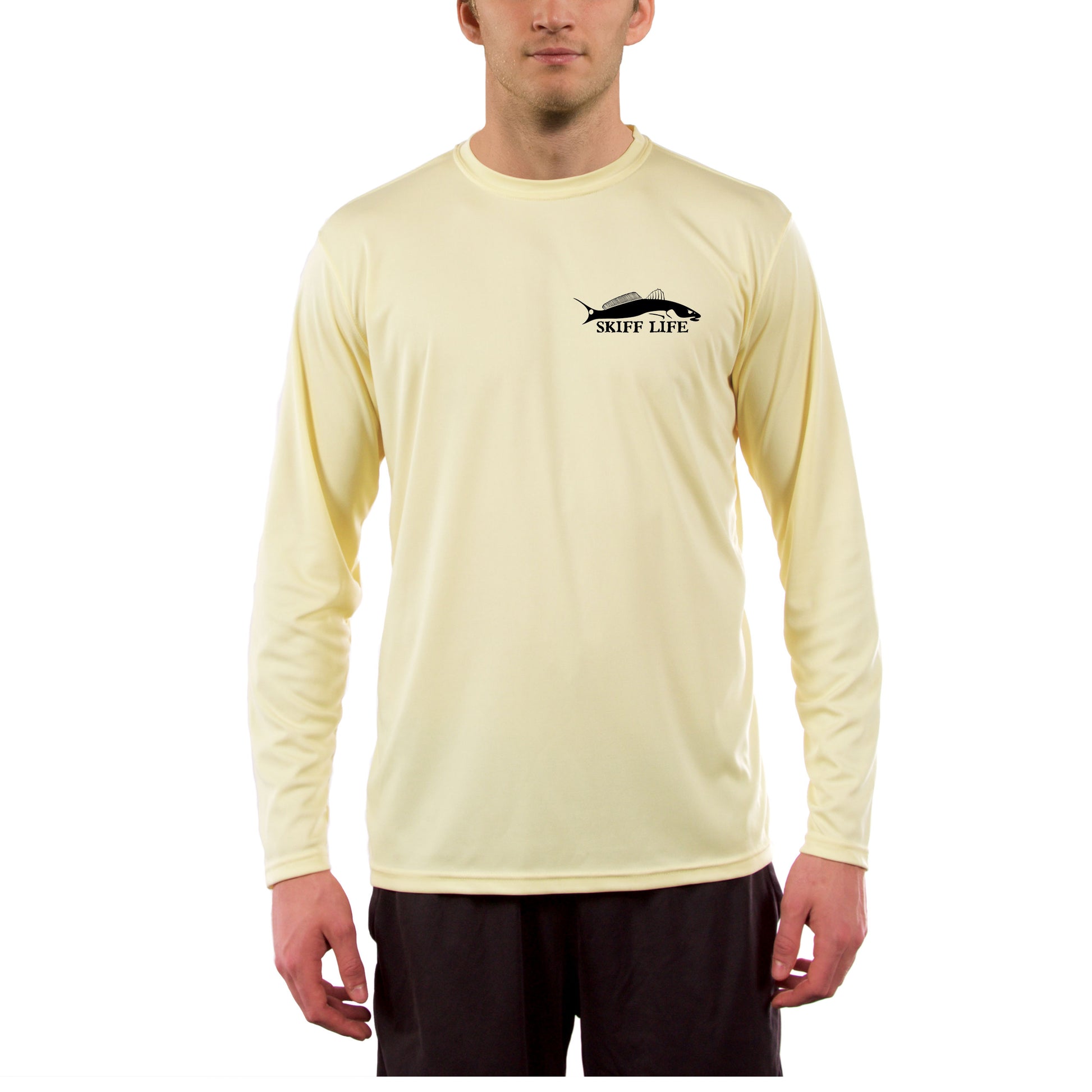 Large Mouth Bass Men's Fishing Shirts - Long Sleeve, Moisture Wicking, Non-fade Print, 50+ UPF Fabric UV Protection Yellow / 2XL