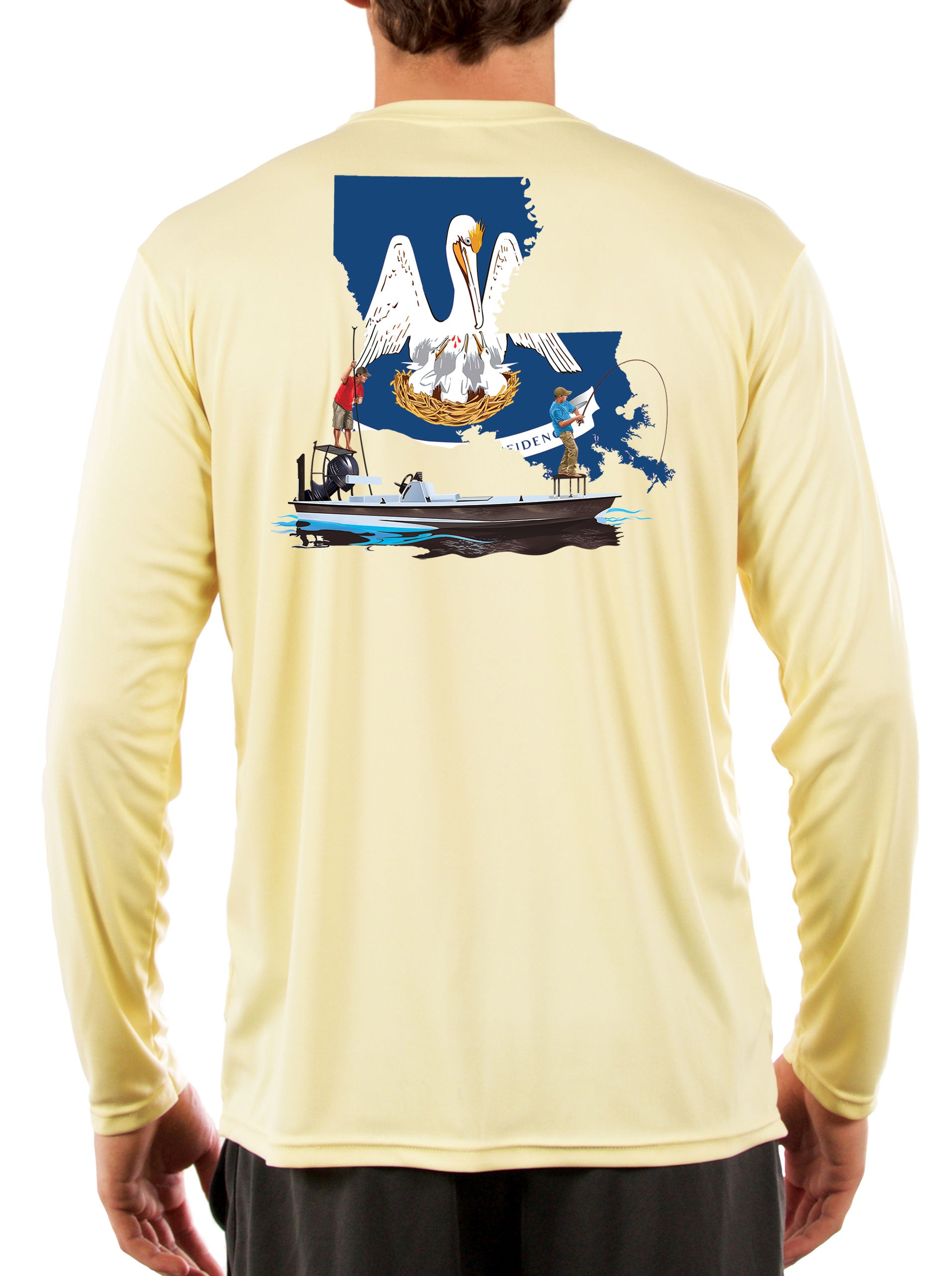 Poling Skiff with Louisiana State Flag Fishing Shirts for Men 4XL / Yellow