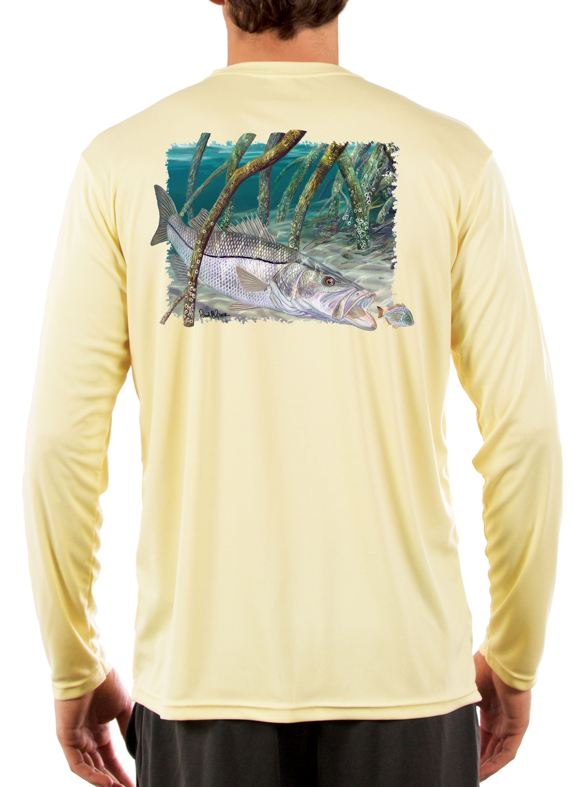 Fishing Shirts for Men Snook Fish in Mangroves by Award Winning Artist Randy McGovern Yellow / Medium