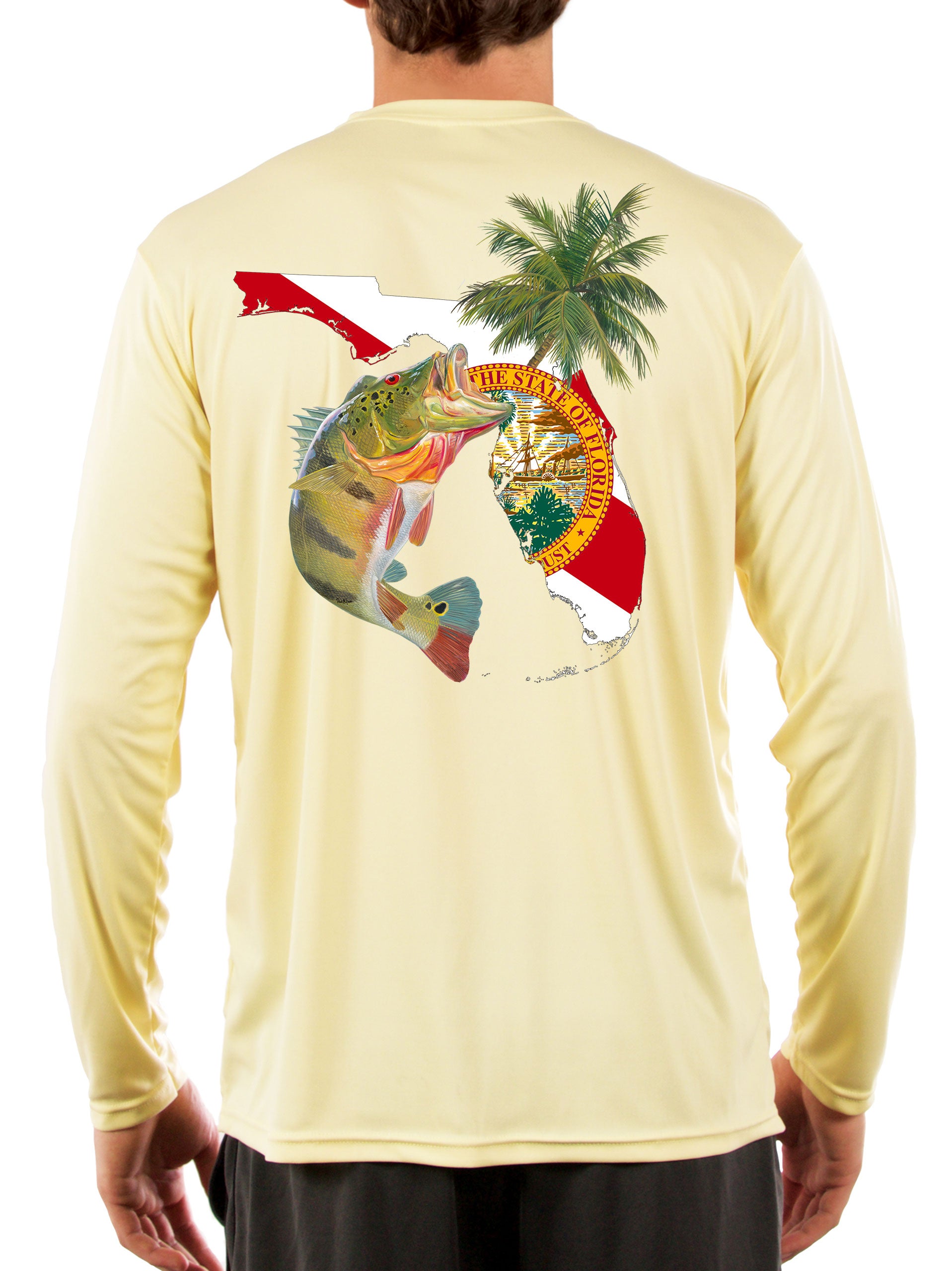 New Artwork] Peacock Bass Florida Map Fishing Shirts for Men with Flo