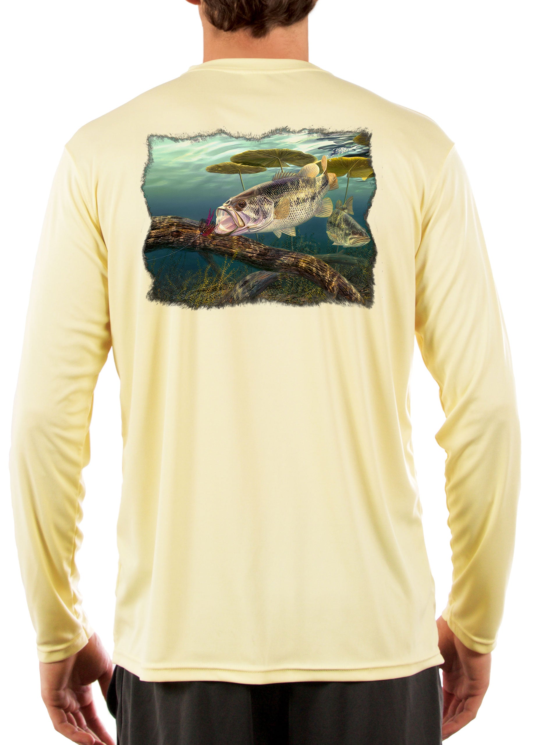 Skiff Life Large Mouth Bass Men's Fishing Shirts by Award Winning Artist Randy McGovern Yellow / X-Large