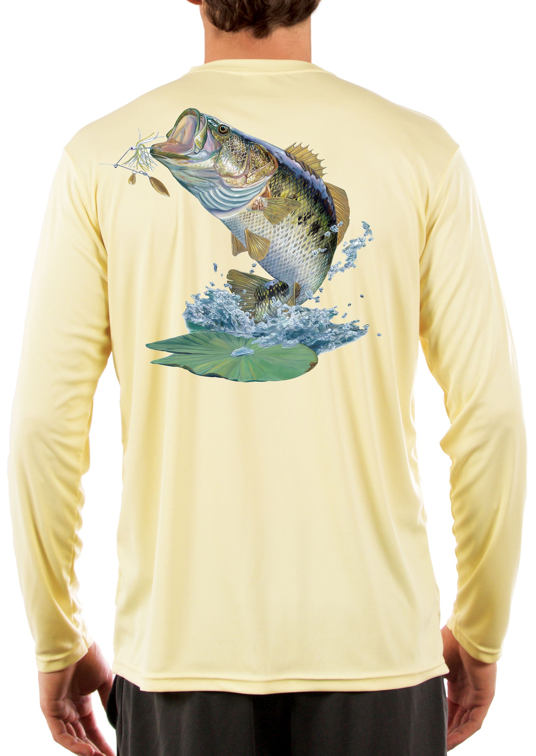 Large Mouth Bass Men's Fishing Shirt Rude Awakening Long Sleeve, Moisture Wicking Fabric, Non-fading Print, 50+ UPF Fabric for UV Protection Yellow /