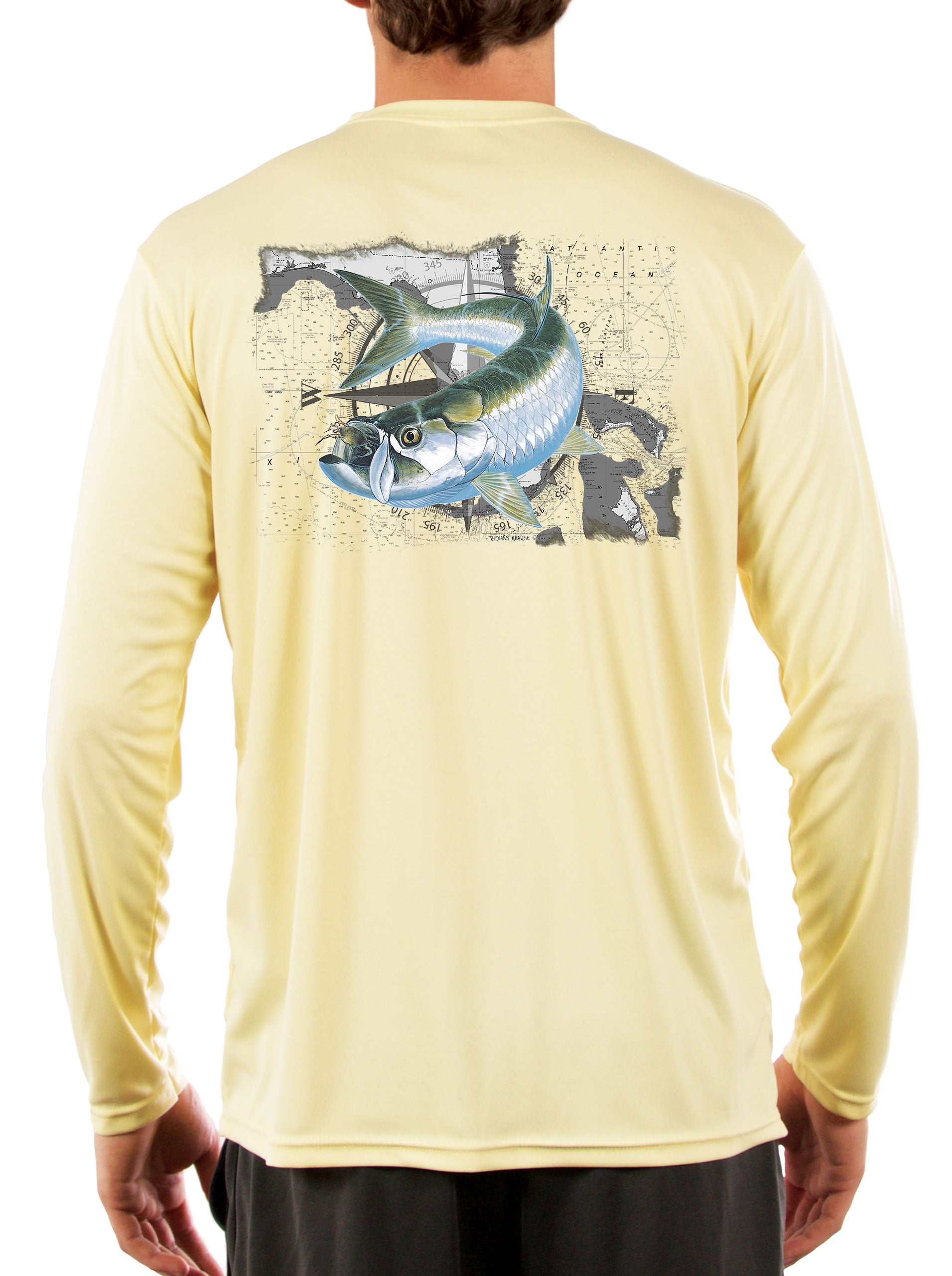 Tarpon Crab Compass Over Florida Map Long Sleeve Men's Fishing Shirt Large / Yellow